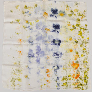 small square scarf with yellow with flecks, orange, and light and dark purple flower and petal images on white background. natural dye technique